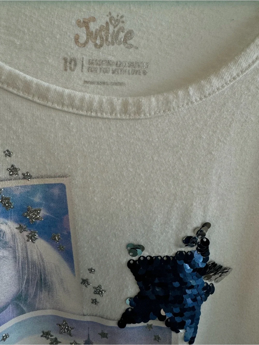 Justice White Tee with Blue Sequin Star and Silver Glitter Size 10